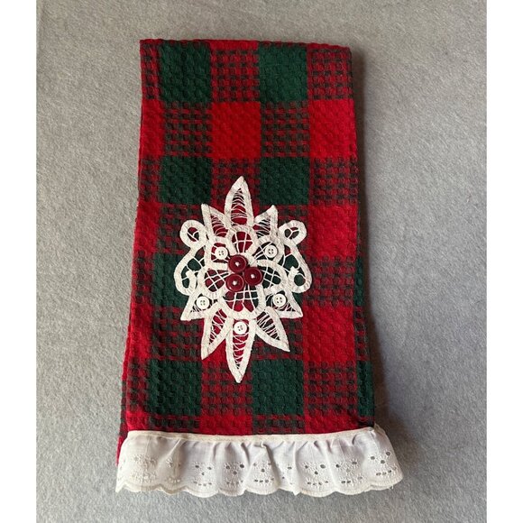 Red & Green Tea Towel Battenburg Lace & Buttons Embellishment 30.5x20 Gift NWOT - Picture 1 of 5